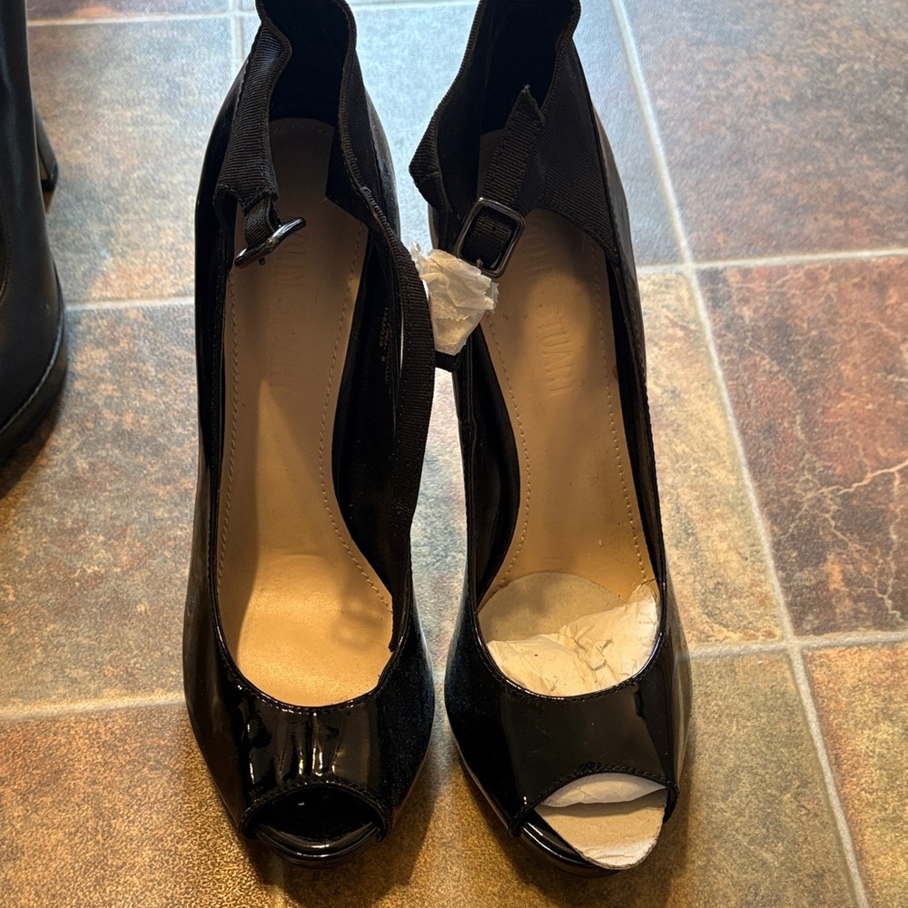 Colin Stuart Black Patent Peep-Toe Ankle Strap Heels